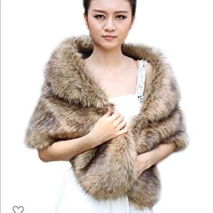 Brown Faux Fur Wrap/ Shawls with Rhinestone Brooch